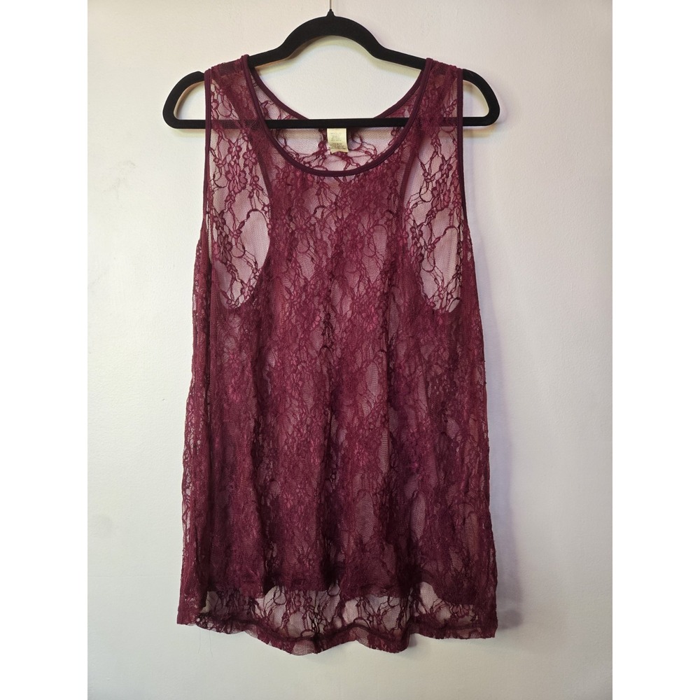 Zenobia Vintage Y2K Burgundy Lace Racerback Tank Top Plus Size 3X Floral Shirt